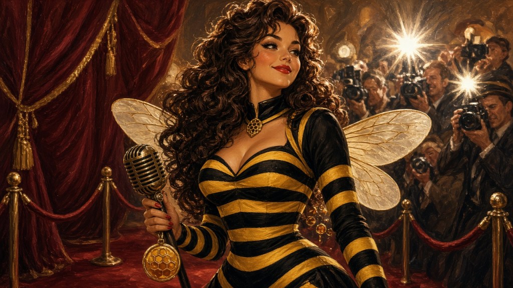 Illustrated bumblebee starlet reporter with long dark curls holding a microphone on the red carpet, Honey Dip News