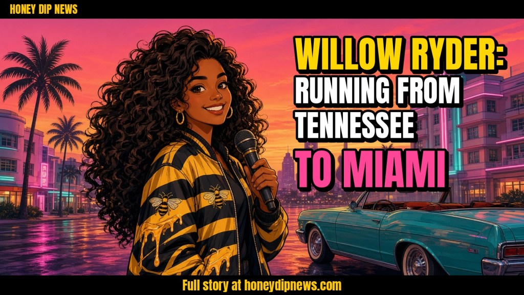 Willow Ryder illustrated in a Grand Theft Auto style cover, curly dark-brown hair, press microphone, Miami sunset